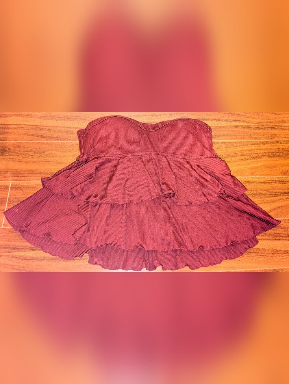 EUC Addition Elle 1X Strapless Bustier Multilayer Ruffled Swimsuit Top Wine Red